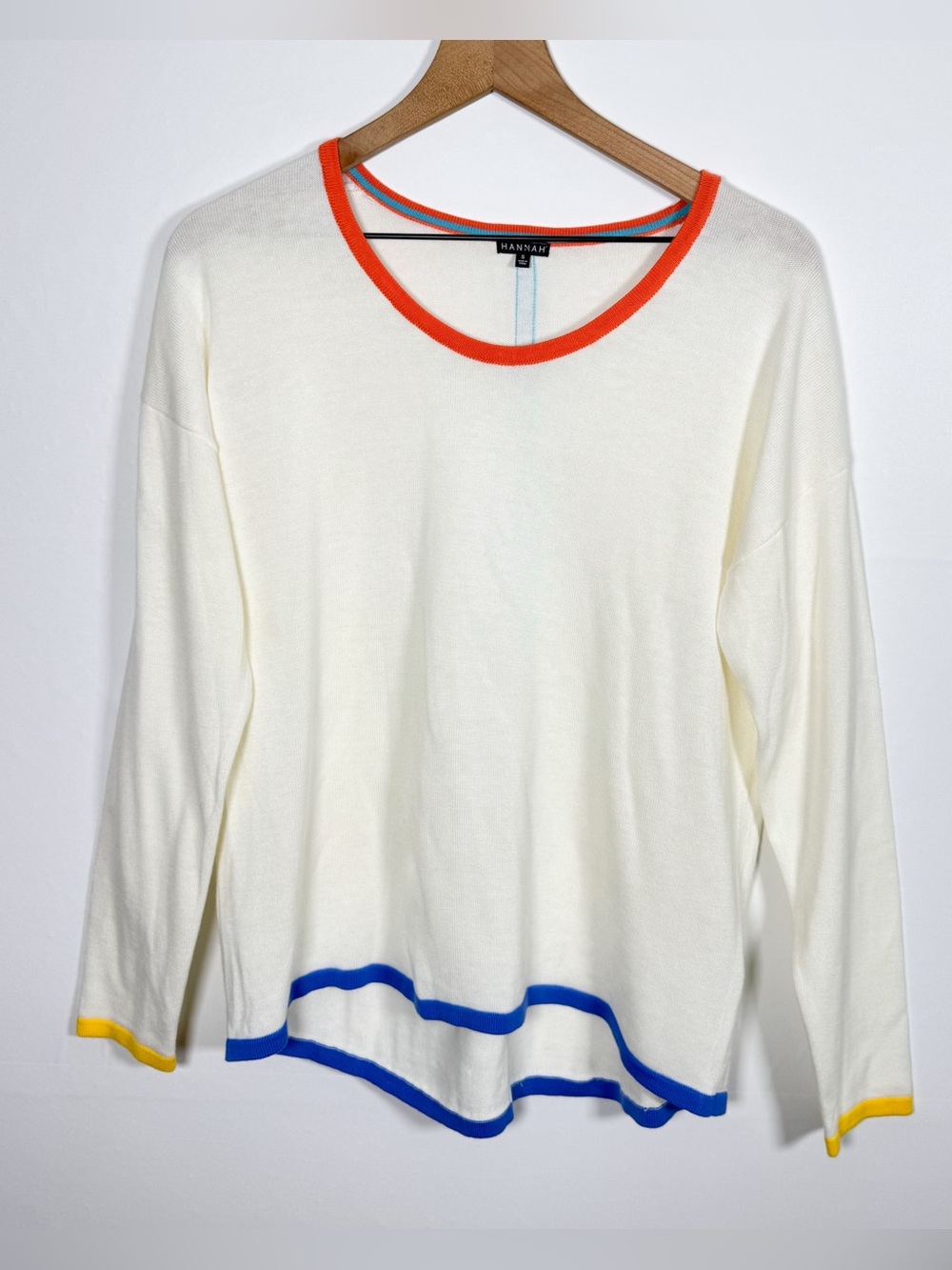 HANNAH Ivory Crew Neck Women’s Preppy Sweater Primary Color Trim Sz S